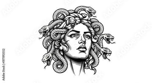 Medusa Head Illustration with Snakes Hair - Black and White Sketch