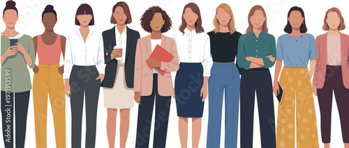 Diverse set of professional business women in modern office attire standing together for female leadership and corporate teamwork concept.