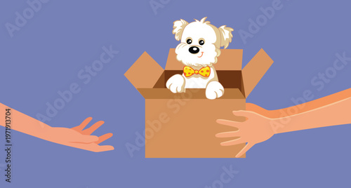 Person Adopts a Puppy Vector Cartoon Illustration. Dog owner receiving a bichon dog as a gift from a  friend  
