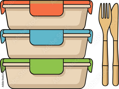 A stack of colorful food containers with utensils on the side