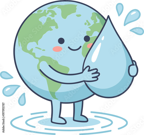 A cheerful cartoon Earth character holds a large water droplet, surrounded by ripples and droplets, symbolizing environmental conservation.