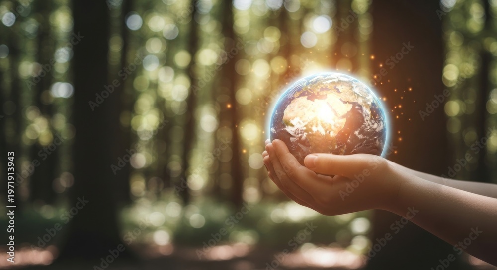 Fototapeta premium Hands holding a glowing Earth in a forest setting.