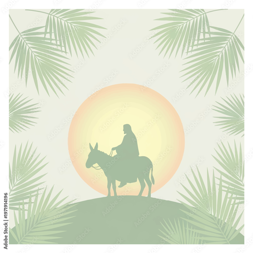 Fototapeta premium Palm Sunday Background with Green Palm Leaves and Sunburst, Hosanna to the King Typography Vector