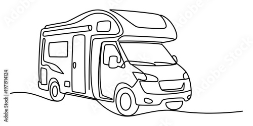 A single continuous line drawing of a recreational vehicle for travel and outdoor adventure trips Vector, illustration