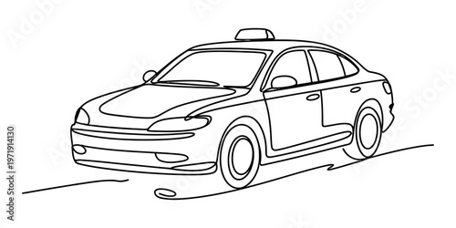 A simple black and white line drawing of a taxi car driving along a road for children to color Vector, illustration