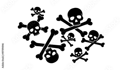 Bold skull and crossbones silhouettes set modern minimal vector design for logo and streetwear