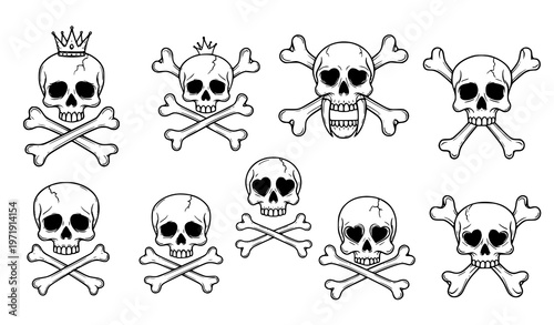 Creative skull and crossbones hand drawn set with stylized cartoon tattoo vector illustration elements