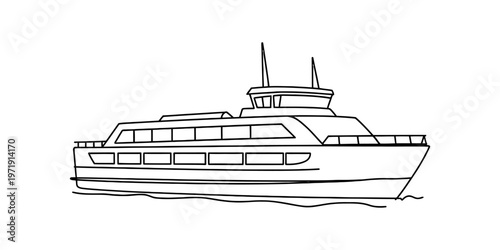 A black and white line drawing of a passenger ferry boat sailing across calm water for coloring Vector, illustration