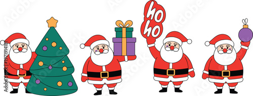 Set of cute Santa Claus characters celebrating Christmas with a decorated tree holding gift boxes and a purple bauble for holiday seasonal concept.