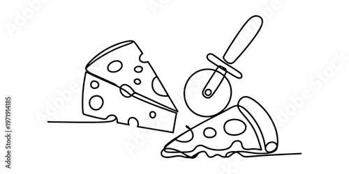 A single continuous line drawing of a cheese wedge and a pizza slice with a circular cutter tool. Vector, illustration