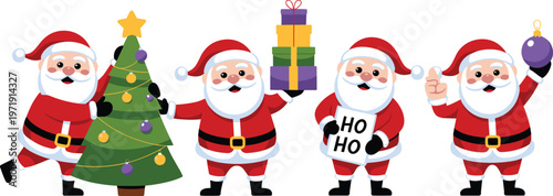 Set of cute Santa Claus characters celebrating Christmas with a decorated tree holding gift boxes and a purple bauble for holiday seasonal concept.
