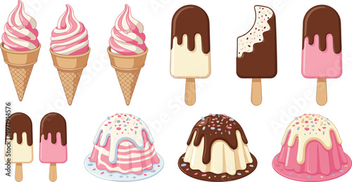 Vector set of assorted frozen desserts including strawberry swirl cones chocolate glazed popsicles and sundae puddings with colorful sprinkles.