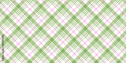 Seamless diagonal plaid pattern with green and pink stripes on white background. Perfect for spring textiles, gift wrapping, and digital scrapbooking.