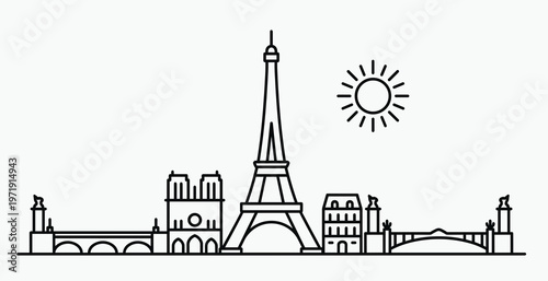 Continuous line art drawing of sunny european destination skyline featuring eiffel tower bridge and historic architecture cityscape vector illustration.