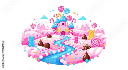 Colorful candy castle on pink cake with blue river and sweets