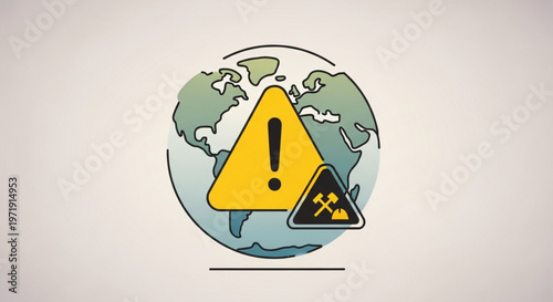 Global warning signs on earth with exclamation mark and radiation symbol indicating danger and caution