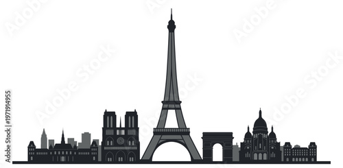 Dark silhouette illustration of romantic french city skyline panorama featuring eiffel tower vector design with historical buildings and monuments isolated on white.