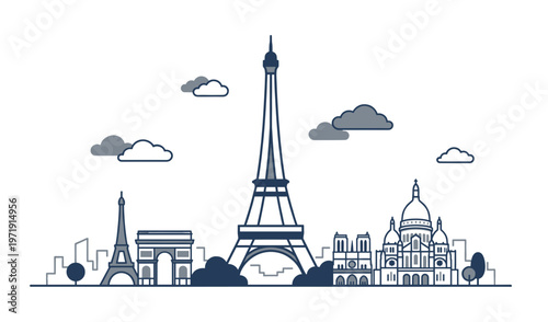 Minimalist outline illustration of famous european capital city skyline featuring eiffel tower monument vector design with clouds and generic historical architecture.