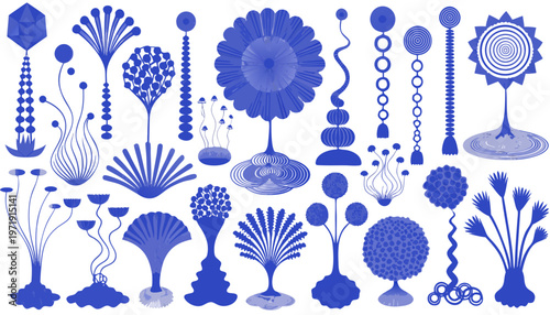 Seamless artistic pattern with blue imaginary plants and flowers on white background for design