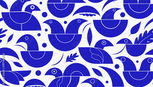 Stylized imaginary animal seamless pattern with blue birds and leaves on white background for design