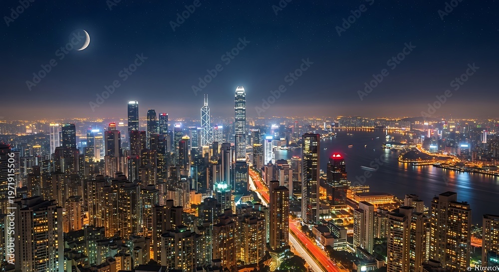 Obraz premium Cityscape at night illuminated skyscrapers and crescent moon over metropolis