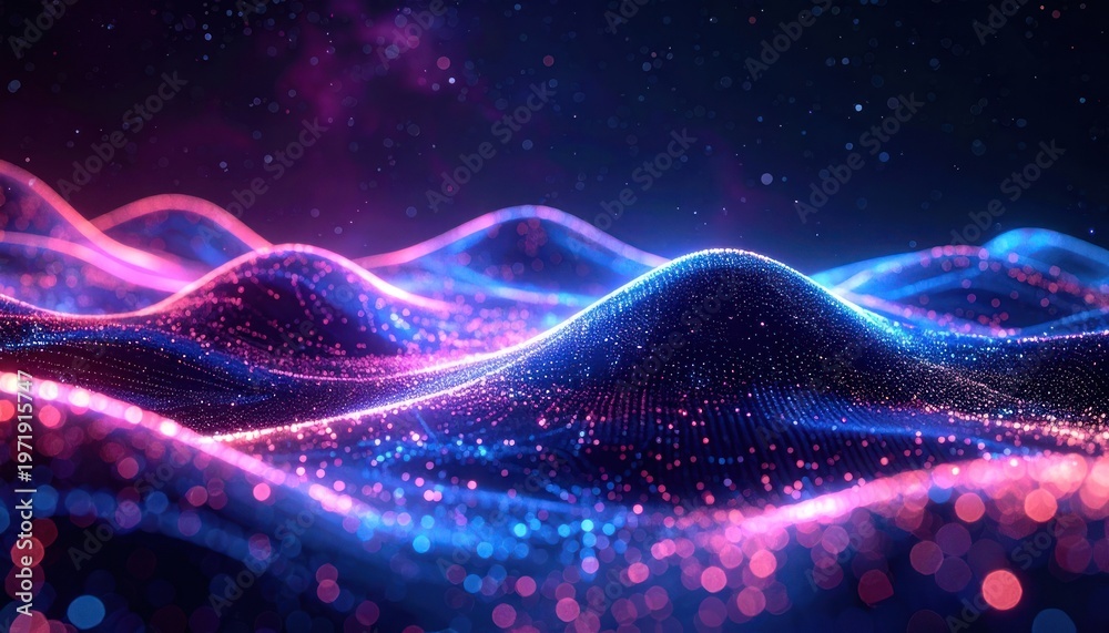 Fototapeta premium A mesmerizing abstract visualization showcases undulating waves of vibrant pink and blue light particles against a deep, dark background, creating a futuristic and ethereal atmosphere.