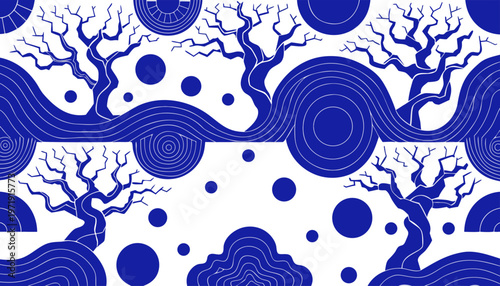 Surreal artistic landscape with blue trees swirling patterns on white background dreamlike scenery