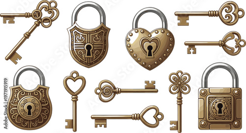 Vintage Key and Lock Collection with Ornate Antique Padlocks and Decorative Keys in Classic Style for Security Design and Retro Illustration Set
