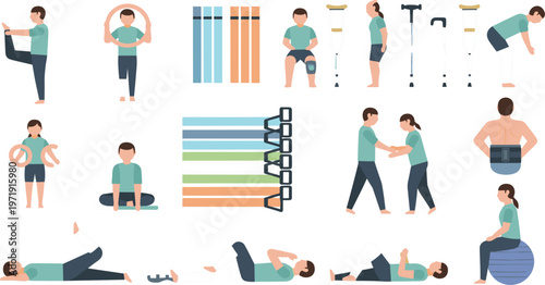 Physiotherapy Rehabilitation Exercise Set Featuring Balance Training Resistance Bands Stretching and Mobility Recovery Activities Medical Vector Illustration Collection