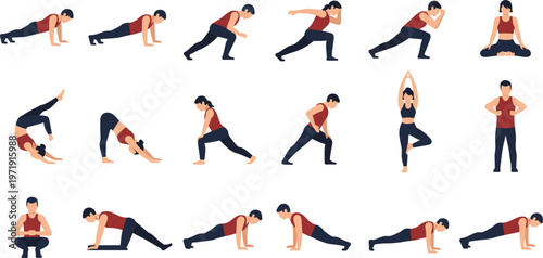 Yoga and Home Workout Exercise Set Featuring Stretching Poses Plank Lunges and Fitness Training Routine Healthy Lifestyle Vector Illustration Collection