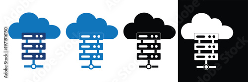 Cloud Server Rack Icon Set with Data Transfer Upload and Download Solid and Outline Hosting Datacenter Symbol.