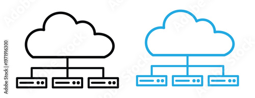 Cloud Server Network Icon Set Data Center Infrastructure and Hosting Technology Symbol in Line and Solid Style for Web and App Design.