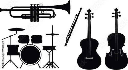 Musical instruments silhouettes set with trumpet, drum kit, flute and cello, orchestra equipment isolated vector design