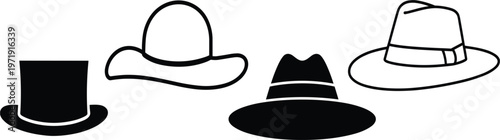 Men and women fashion hat silhouettes set with classic fedora, top hat and summer headwear, isolated vector