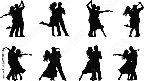Couple dancing silhouettes set, romantic ballroom dance poses, elegant partners movement, black vector illustration isolated for wedding and celebration design