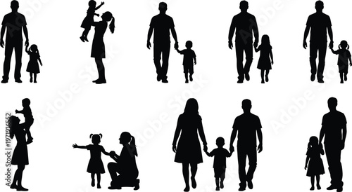 Family silhouettes set with parents and children walking, holding hands and playing, black vector illustration of love and parenting