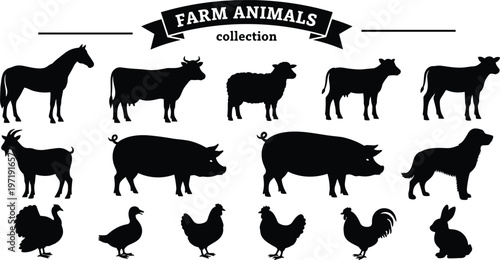 Farm animal silhouettes collection featuring horse, cow, pig, sheep, goat, poultry, and rabbit icons for agricultural, educational, and design projects