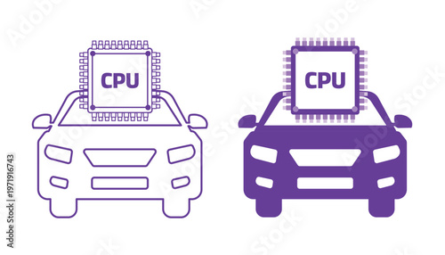 Automotive CPU Chip Car Icon. Smart Vehicle Processor System Symbol in Outline Style for Digital Transport Technology and Interface Design.