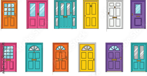 Colorful Door Collection with Modern and Classic Entrance Designs in Various Styles for Architecture Illustration, Home Exterior Design, and Decorative Set