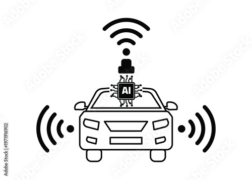Self Driving Car Icon with AI Chip Autonomous Vehicle Symbol in Outline Style for Smart Transportation and App Interface Design.