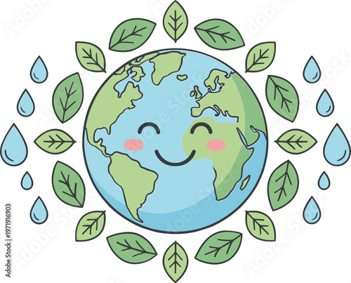 A smiling Earth surrounded by leaves and water droplets in a natural environment