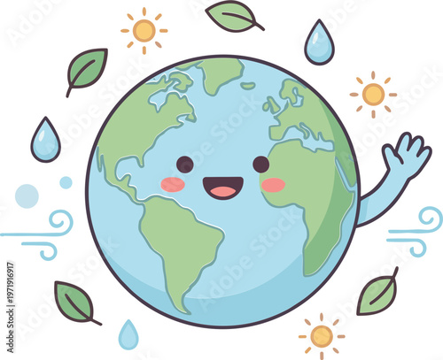 The Earth smiles as leaves and water droplets swirl around it with sun symbols.