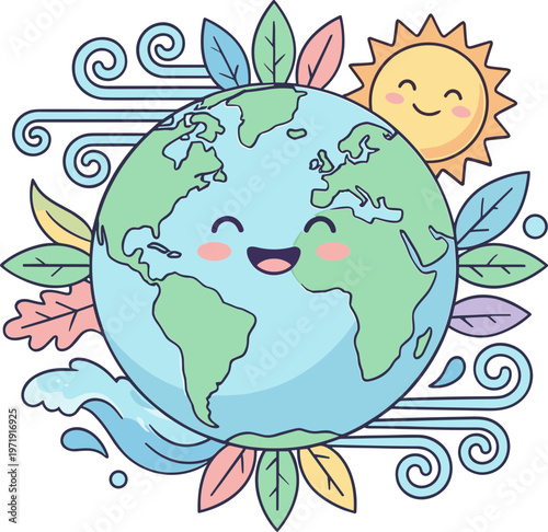 The smiling Earth globe with green continents and blue oceans radiates happiness surrounded by colorful leaves and swirling water droplets under a smiling sun.
