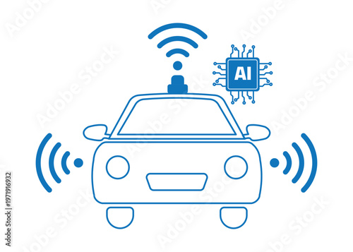 Self driving smart automobile symbol collection. Front view automated robotaxi with artificial intelligence technology illustration.
