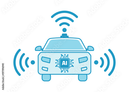 Autonomous Vehicle AI Technology Symbol Driverless Smart Car with Microchip and Connectivity Sensor Icon.