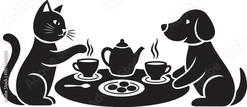 A whimsical tea time shared between a cat and a dog sketch vector illustration