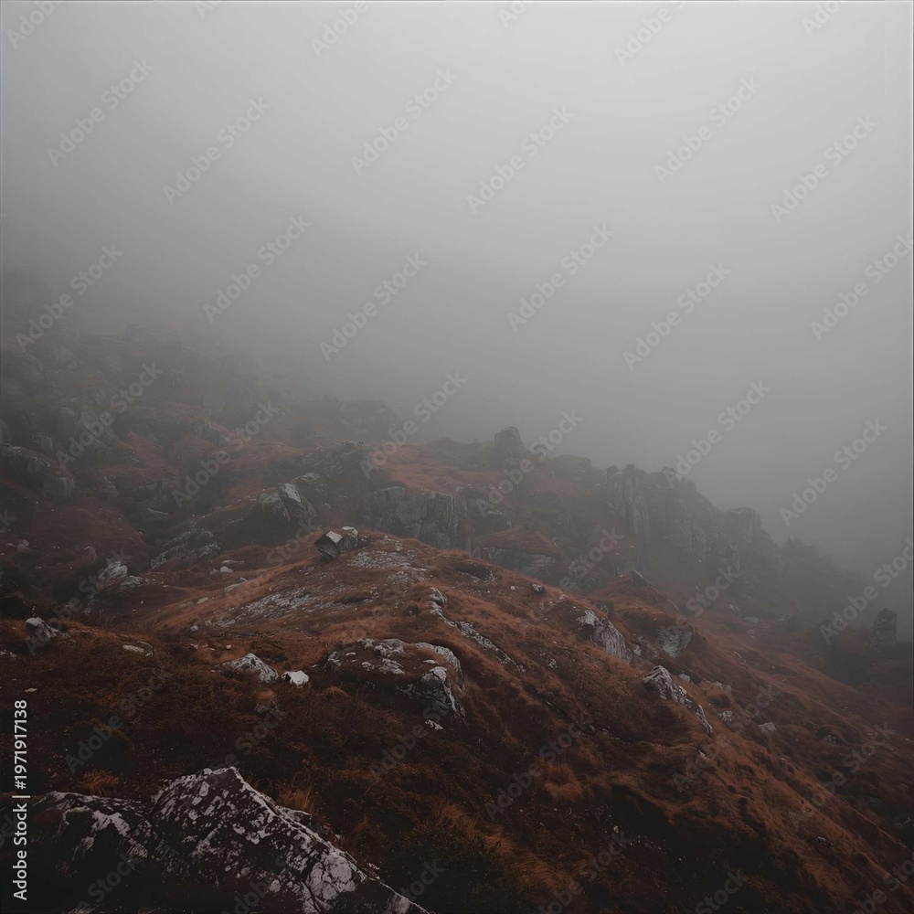 Obraz premium Misty morning fog rolls over a vast mountain landscape as dawn light illuminates the forest and valley clouds in a serene nature panorama