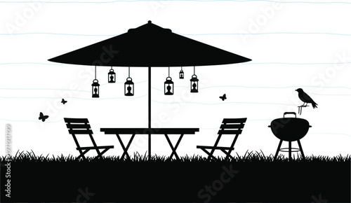 Outdoor leisure furniture set with garden table and chairs under umbrella, summer backyard relaxation isolated vector design
