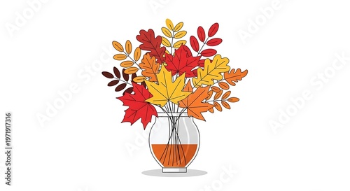 Autumn leaves bouquet in glass vase isolated on white background