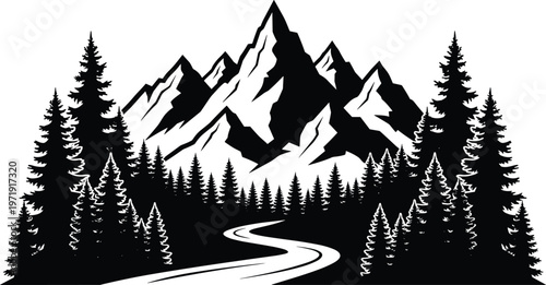 Mountain landscape silhouette with pine forest and winding road scenic nature vector illustration isolated black design for outdoor adventure theme